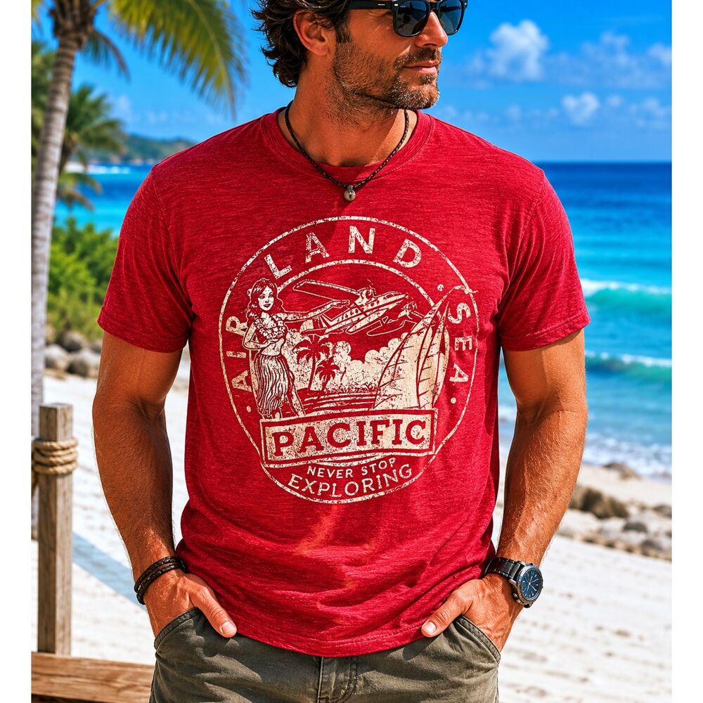 Air Land Sea Pacific Graphic T-Shirt Hula Girl Tropical Palm Trees Vacation Med
